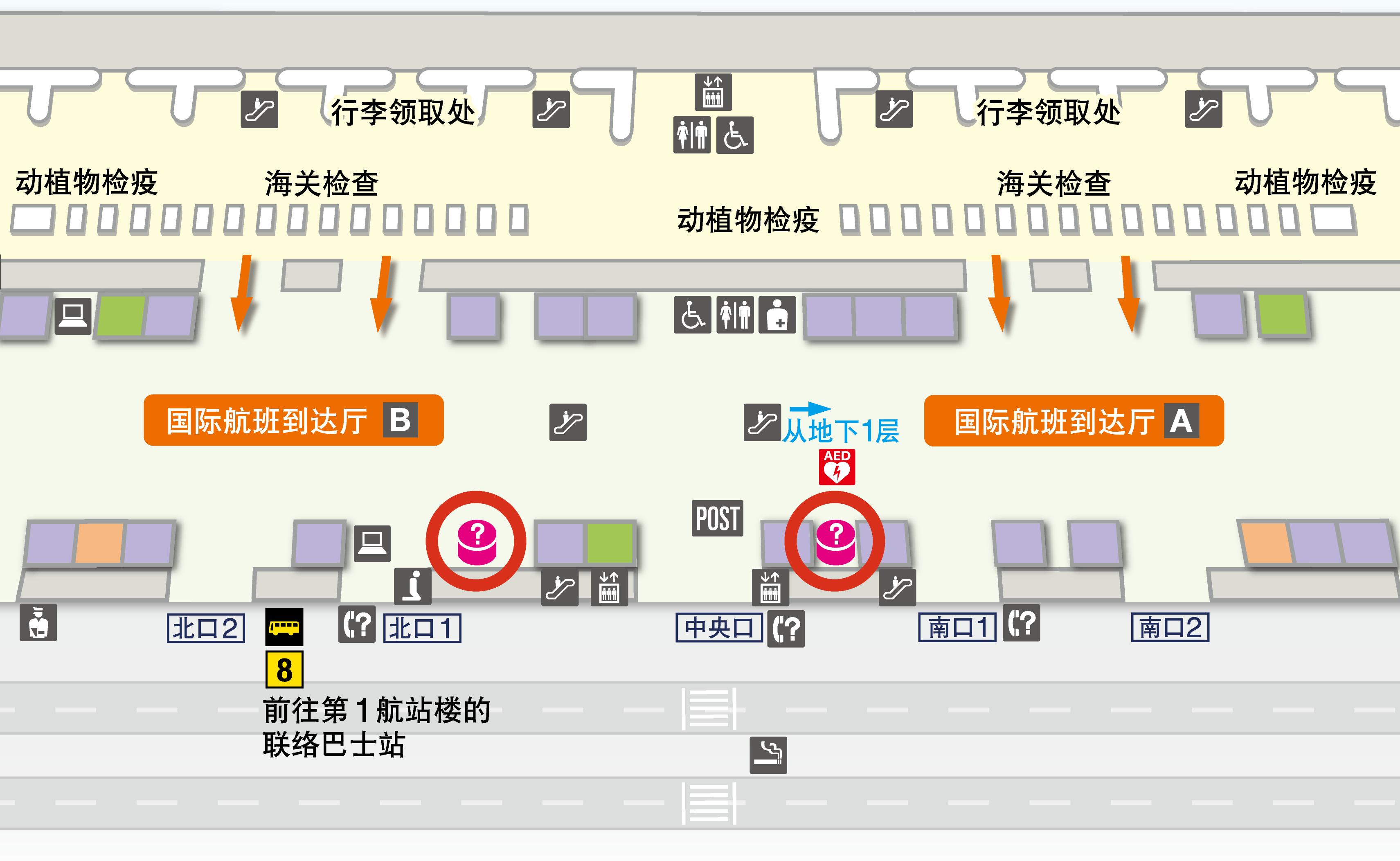 第2航站楼 1楼 国际到达大厅 楼层地图图示