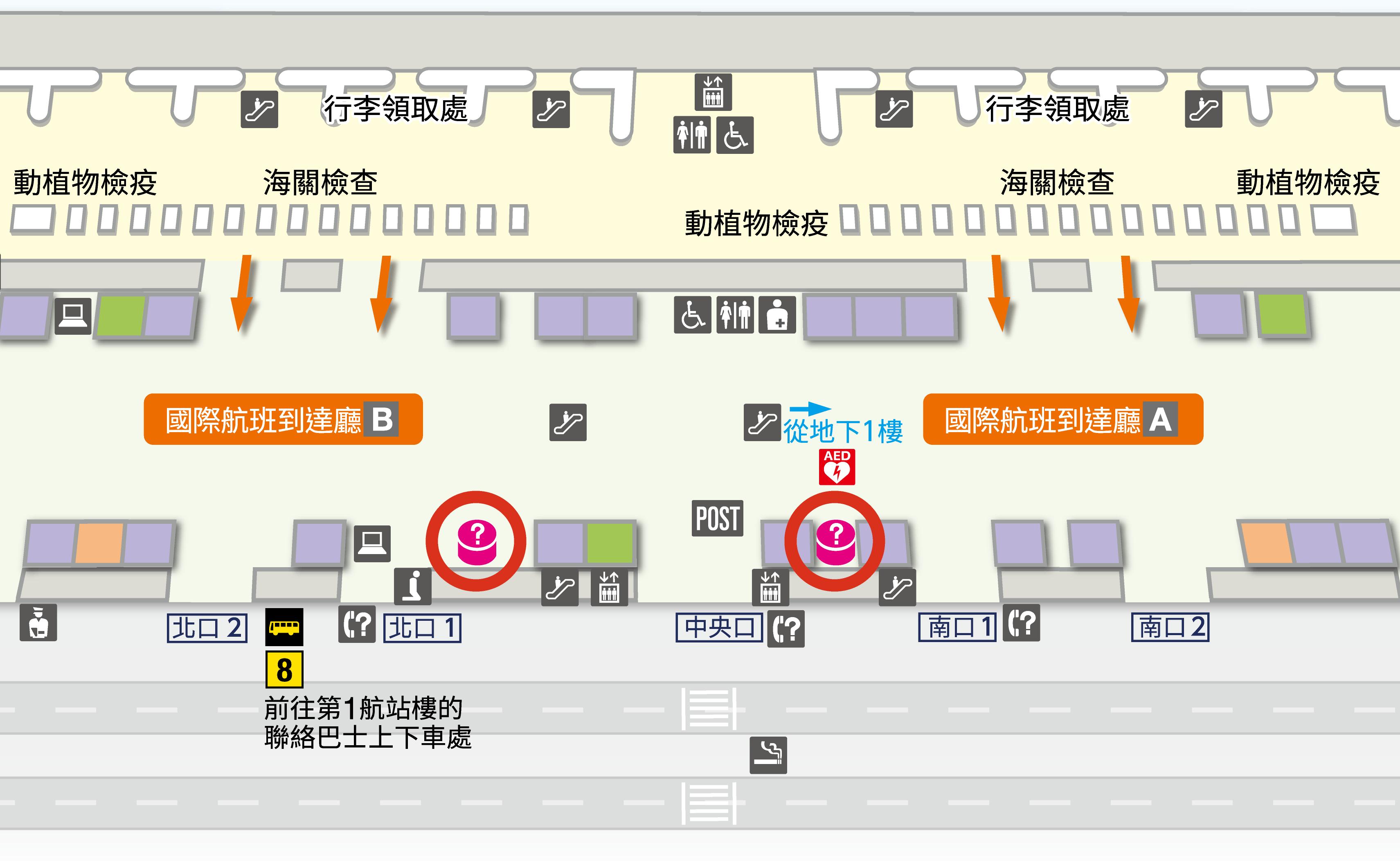 第2候機樓 1F 國際線到達大廳 樓層地圖圖示