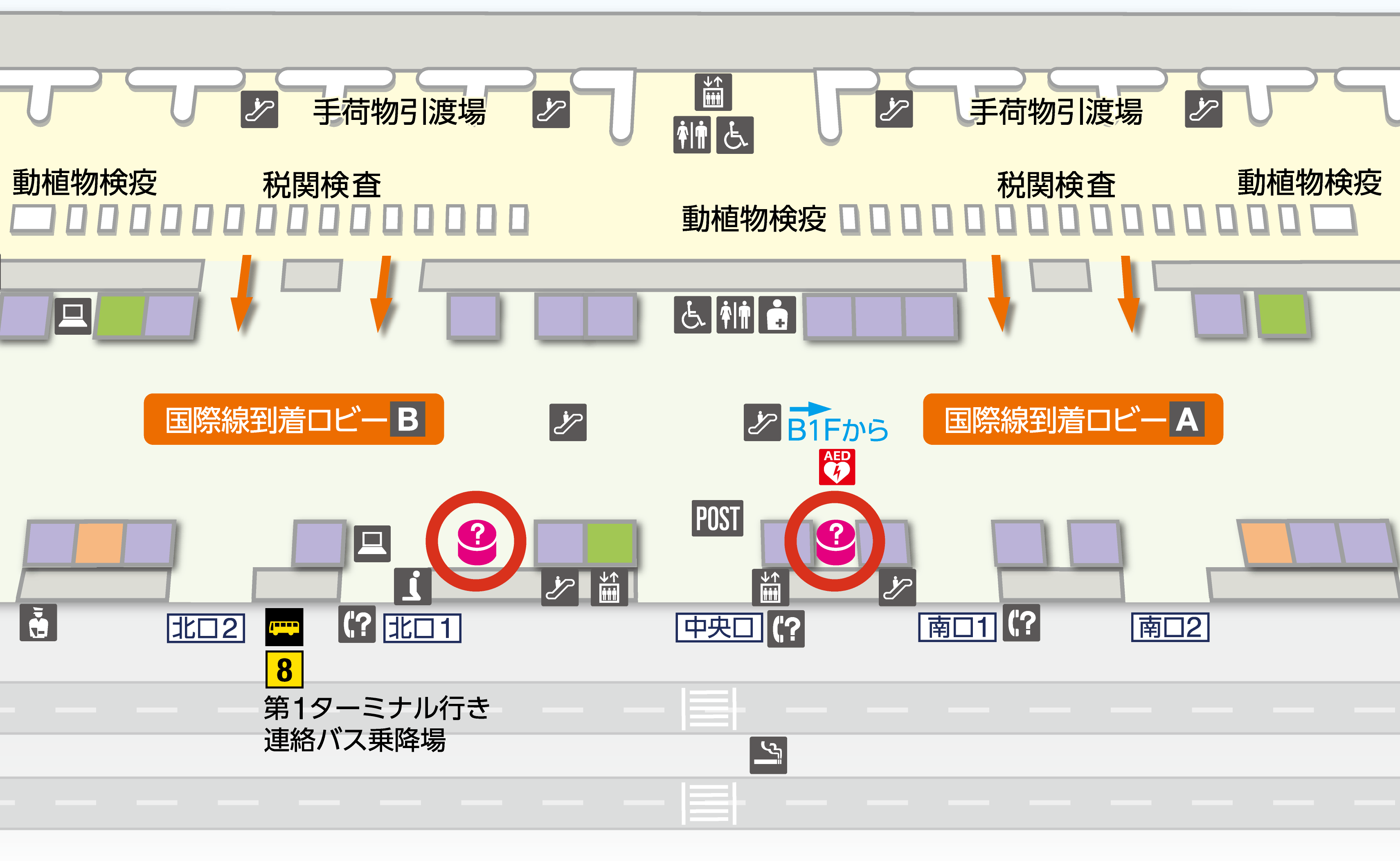第2ターミナル1F（国際線到着ロビー）フロアマップの図