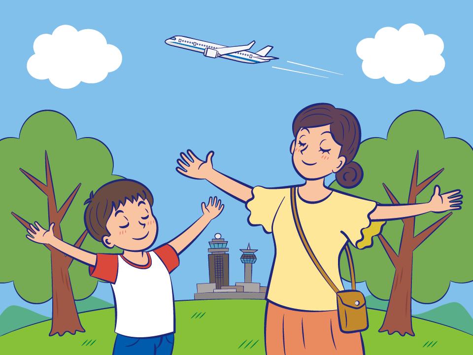 親子が公園で進行球をするイラスト