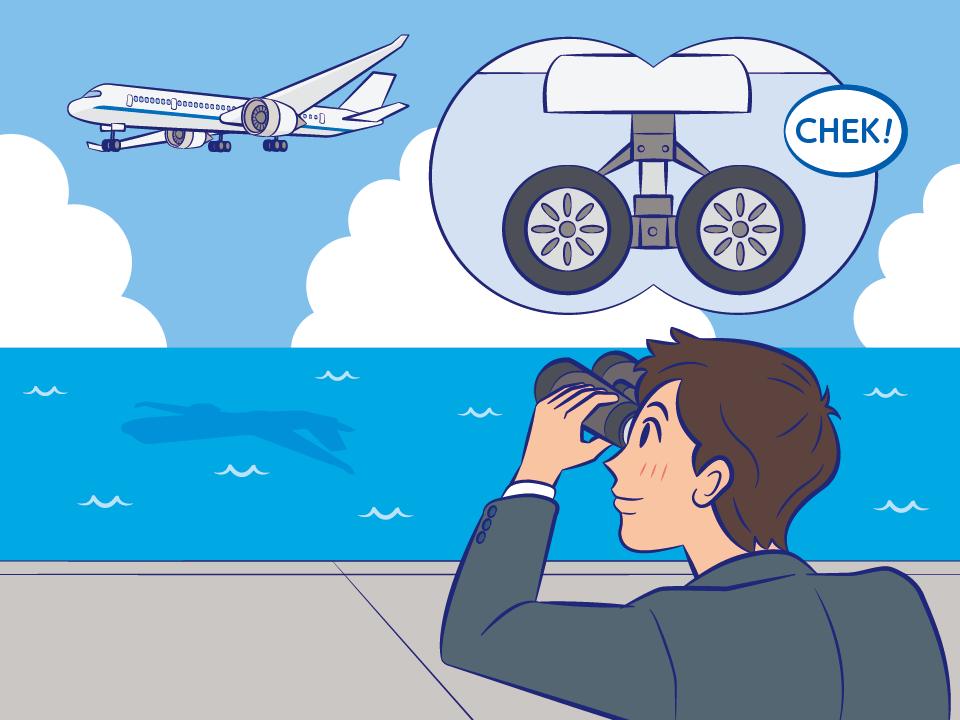飛行機が着陸する際に脚下げしているかどうかチェックしているイラスト
