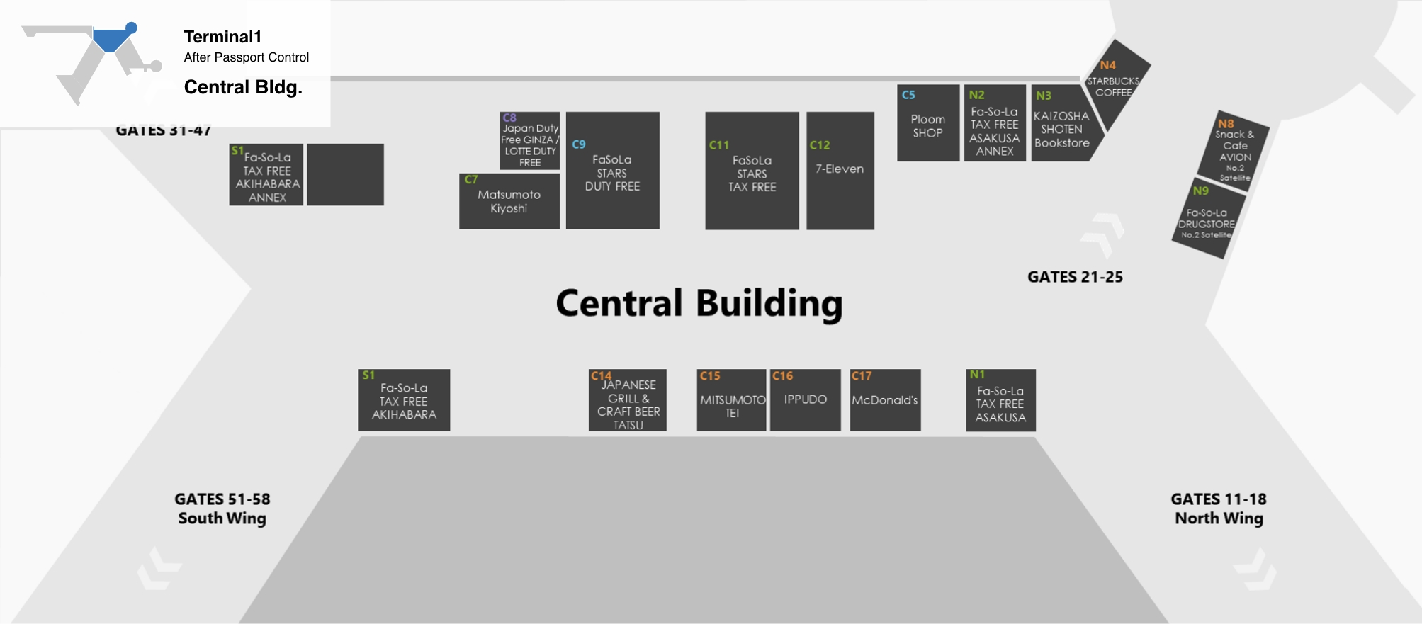 T1 中央ビルショッピングエリアマップの図