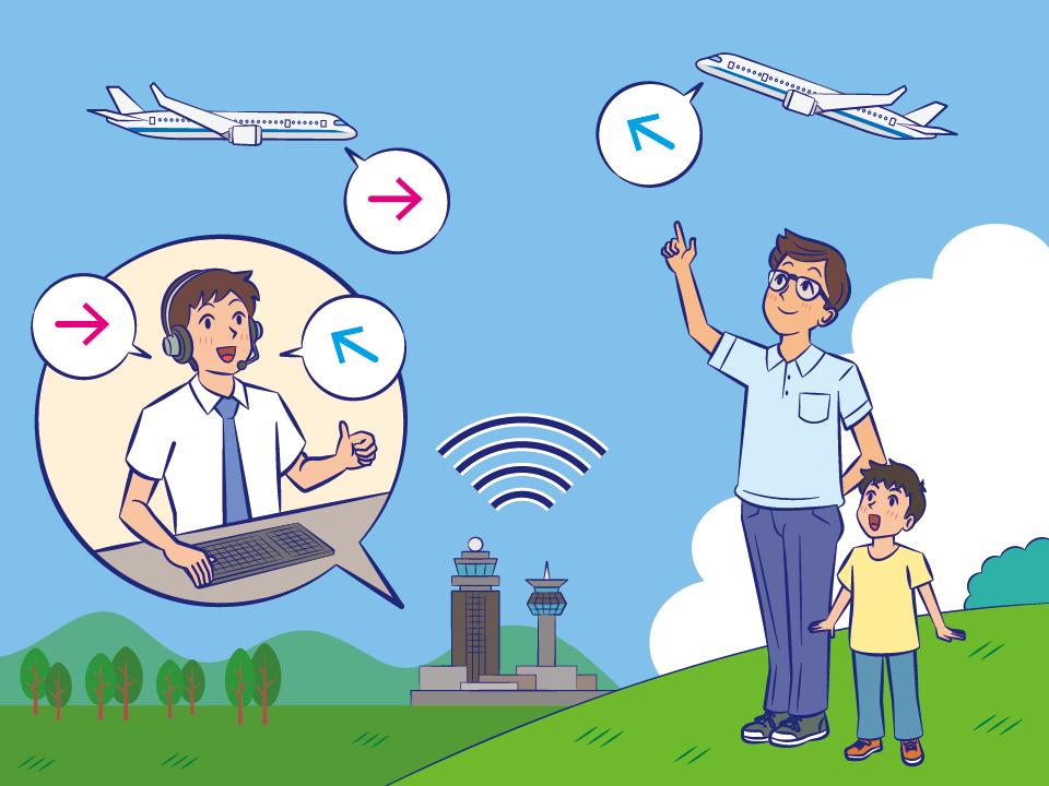 飛んでいる飛行機を見ている親子のイラスト
