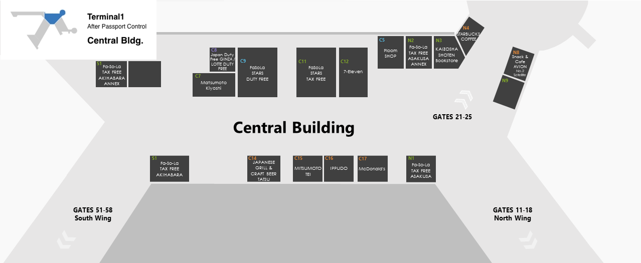 T1 中央ビルショッピングエリアマップの図