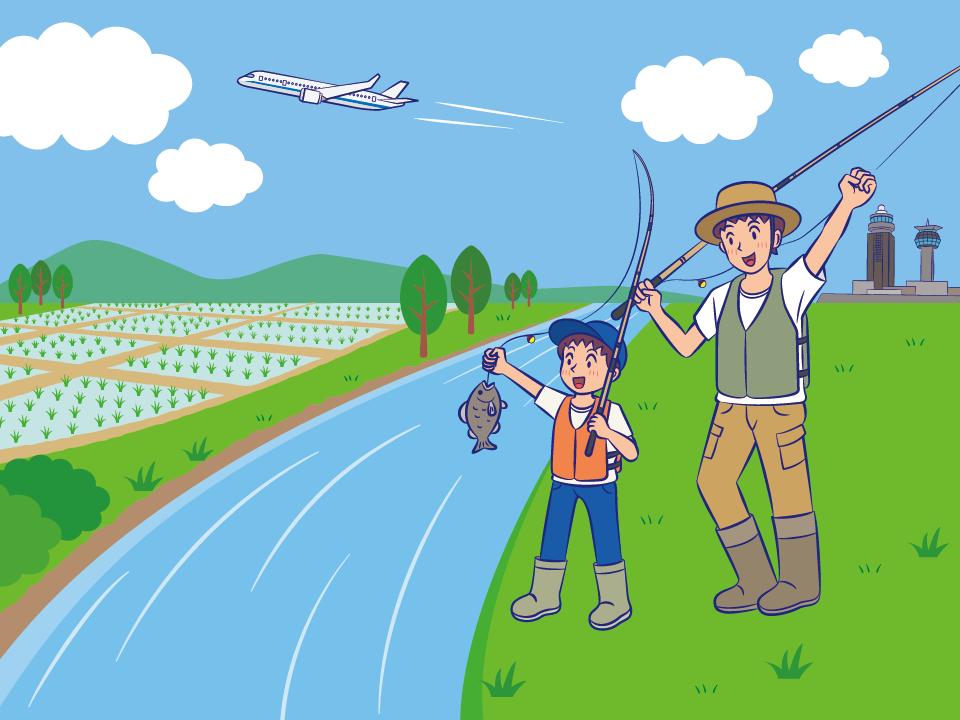 親子が川で釣りしているイラスト