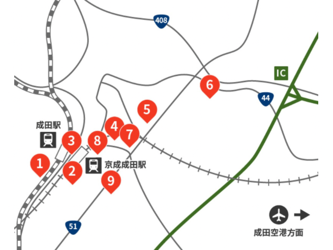 成田駅周辺ホテルの周辺マップ