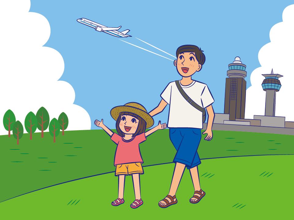 歩いている親子の上を飛行機が飛んでいるイラスト